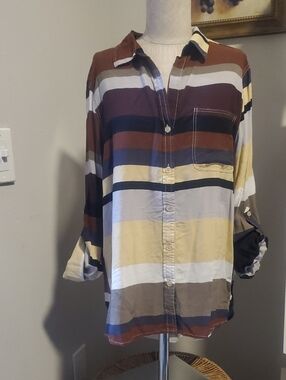 Velvet Heart Striped Button-Up Shirt in Brown, Yellow & White, Size XL